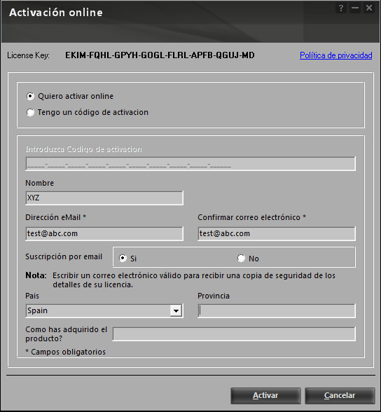 Online Activation information